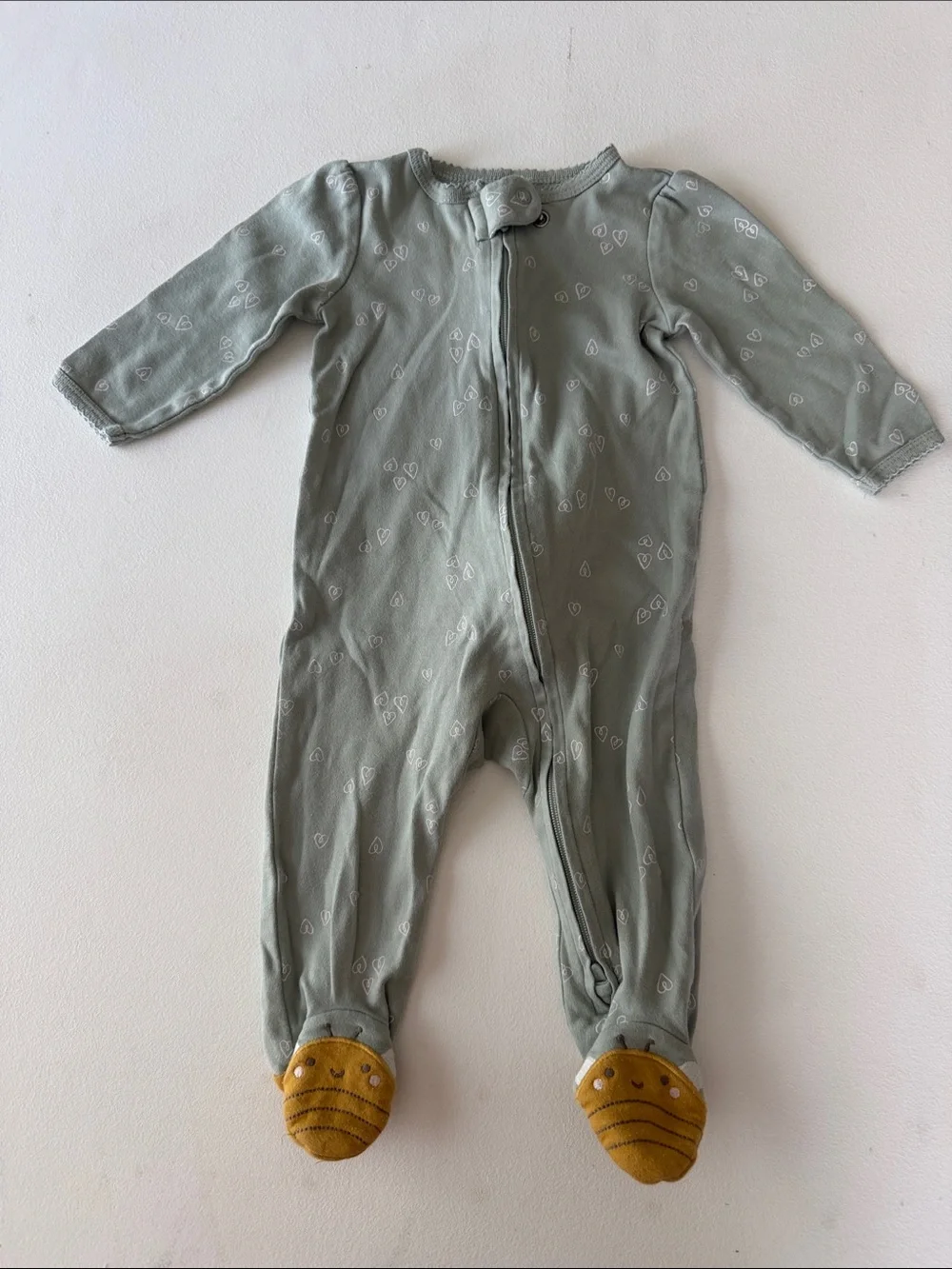 Carter's - Sage Green Heart Print Footies w/ Bee Feet